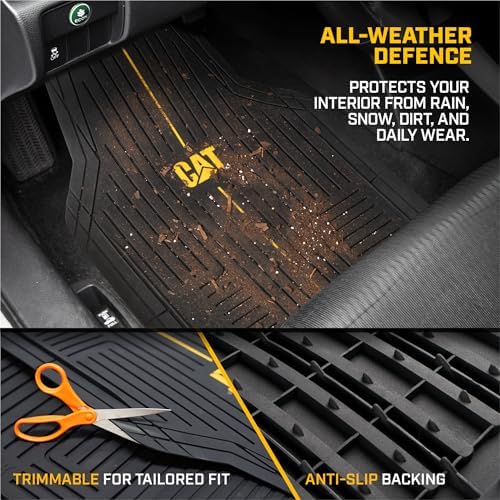 CAT® VulcanCore Heavy-Duty 4 Piece Floor Mats for Cars, Trucks & SUVs, Trim-to-Fit All-Weather Rubber Car Mats Full Set, Waterproof Interior Accessories, Car Rug Protection & Automotive Floor Liners