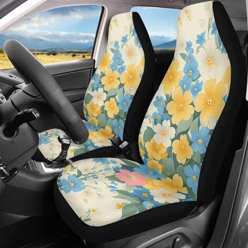 Daisy Car Seat Covers 2PCS Full Set, Rural Flower Field Marigold Universal Car Seat Protectors Auto Interior Decor, Countryside Marigold Interior Accessories Truck Van SUV