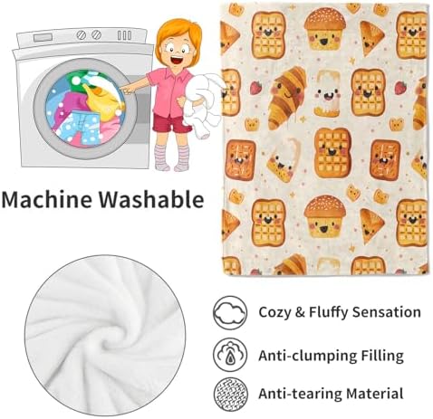 Cute Bread Blanket Breakfast Pastries Throw Blankets,Birthday Gifts for Kids Women,Lightweight Soft Fleece,with Waffle Croissant and Muffin,Sofa Couch Bed Room Thanksgiving Decor 60x80in - Image 4