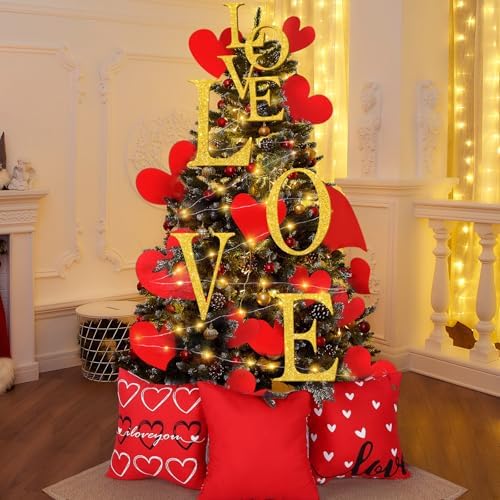 HunnmingRe 17 Pcs Valentines Day Decoration Tree Ornament Extra Large Love Tree Topper Valentine Pillow Cover Romantic Wood Heart Ornament Picks Red for Wedding Holiday Party Anniversary Decor by HunnmingRe