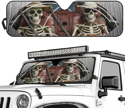Renewold Funny Skull Driving Automotive Windshield Sun Shade Auto Sunshade Car Front Window Sun Visor Blocker Shield Fit for Jeep Wrangler JK JKU JL JLU 1997-2023 Gladiator JT Interior Car Accessories