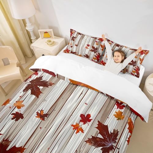 Maple Leaf Kids Duvet Cover Set Queen Size,Fall Plants Autumn Bedding Set,Girls Boys Adults Room/Cabin Decor,Old Wooden Plank Vintage Comforter Cover,Orange Retro Quilt Cover,2 Pillowcases - Image 3