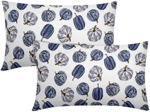 Fall Chinoiserie Pumpkin Throw Pillow Covers 12x20 Set of 2 Autumn Blue White Porcelain Thanksgiving Pillow Covers Autumn Pillowcase for Kitchen Sofa Cushion Outdoor Bedroom Decoration by Trongr