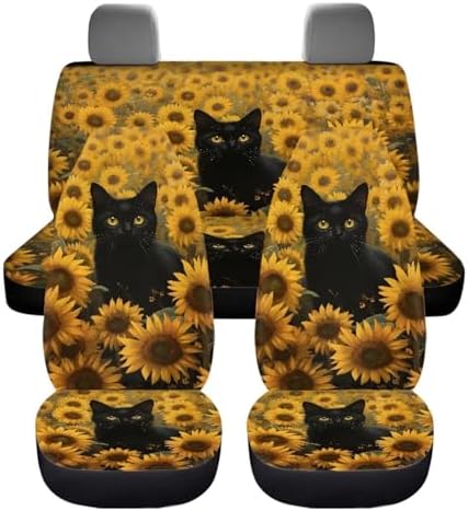 Black Cat Sunflower Print Print 4pcs Car Seat Covers Universal Bucket Seat Covers with Front Rear Split Bench Protector Covers Fits for Most Sedan Truck Auto Interior Accessories