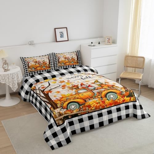 Homewish Happy Fall Comforter Set Queen Size Pumpkin Truck Maple Leaves Gnomes Bedding Set,Vintage Black White Grid Quilt Set for Kids Girls Boys Adult Room Decor,Rustic Farmhouse Duvet Insert 3Pcs - Image 2