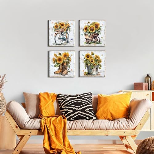 Rustic Sunflower Wall Art Farmhouse Bicycle Boots Truck Sunflower Picture Cowboy Wall Decor Vintage Country Wildflower Canvas Painting Modern Artwork Bedroom Living Room Kitchen Decoration 12x12" 4Pcs - Image 2