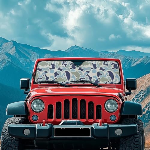 Renewold Fish Camo Car Windshield Sun Shade Auto Sunshade Fit for Jeep Wrangler JK JKU JL JLU Front Window Sun Shield Sun Visor for Jeep Gladiator JT 2020-2023 Summer Keep Cool Interior Accessories