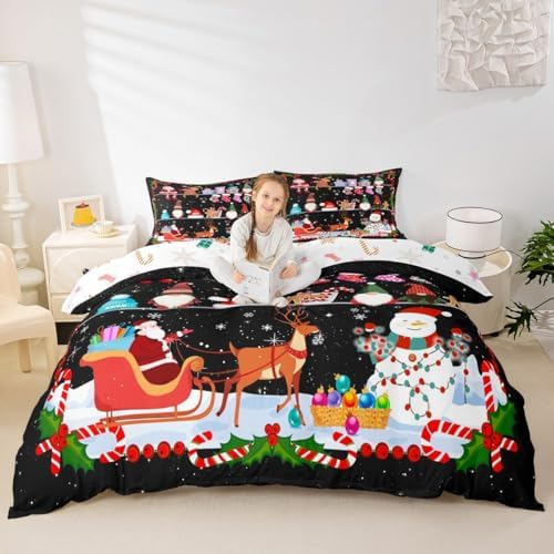 Merry Christmas Kids Duvet Cover Set Full Size,Santa Claus Snowman Cute Gnomes Bedding Set,Girls Boys Adults Room Decor,Snowflake Deer Xmas Comforter Cover,Red Black Retro Quilt Cover,2 Pillowcases by Manfei