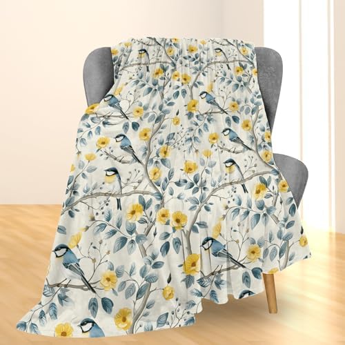 Charming Bird & Floral Blanket, Soft Flannel Throw for Couch, Bed, Travel, Living Room & Home Decor, Cozy Lightweight Warm Fuzzy Blankets with Yellow Flowers for Adults Kids Women 60×50 in - Image 2