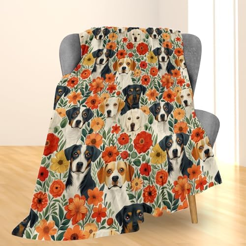 Adorable Dogs and Floral Blanket, Soft Flannel Cute Dog Faces Throw Blanket for Couch, Bed, Travel & Home Decor, Lightweight Cozy Warm Fuzzy Blankets for Adults Kids Pet Lovers 60×50 in - Image 2