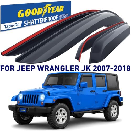 Goodyear Shatterproof Window Deflectors for Jeep Wrangler JK 2007-2018, Tape-on Rain Guards, Window Visors, Vent Deflector Visor, Car Accessories, 4 pcs. - GY008943