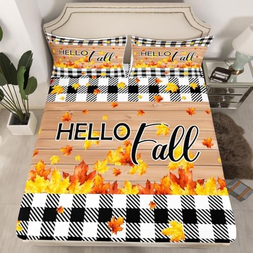 Fall Thanksgiving Fitted Sheet Twin Autumn Harvest Seasonal Bed Sheets Gifts For Kids Teen Adults,Black White Buffalo Plaid Checkered Bedding Set Rustic Farmhouse Sheet Set Brown With 1 Pillow Case - Image 3