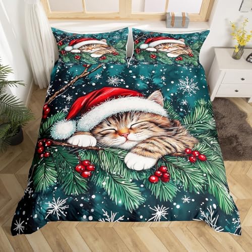 Manfei Cute Cat Kids Duvet Cover Set Queen Size,Winter Holly Berries Snowflake Girls Boys Bedding Set,Animal Merry Christmas Poinsettia Room Decor,Dark Green Quilt Cover,2 Pillowcases(No Comforter) - Image 4