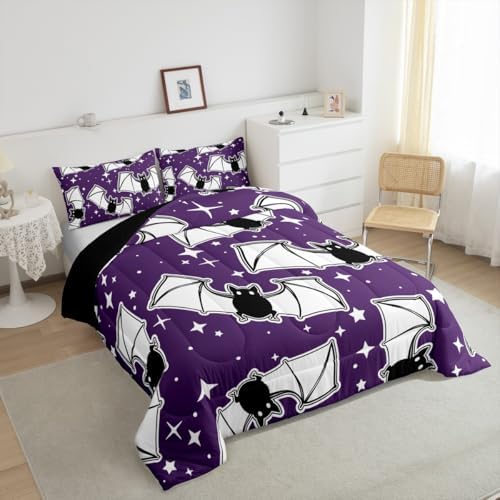 Feelyou Halloween Bedding Set for Girls Boys Kids Queen Size Black Bats Animal Print Silhouette Comforter Cover Room Decor Happy Holiday Cute Star Print Luxury Duvet Cover Light Purple Quilt Set - Image 2