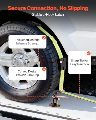 VEVOR Wheel Chock Tie-Down Kit, Deck-Style Trailer Tie Down Strap, Car Tie Down Kit with J-Hook, Break Strength 10009 lbs & Working Load 3333 lbs Motorcycle System for SUVs, Trailers, Trucks