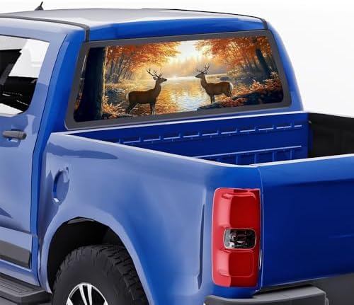 Modern Deer Rear Window Decals for Trucks, Bighorn Animal Nature Lake Fall Forest Sunset Window Decal Back Window Tint Graphic Perforated Vinyl Pickup Truck Stickers 66 x 22 inch