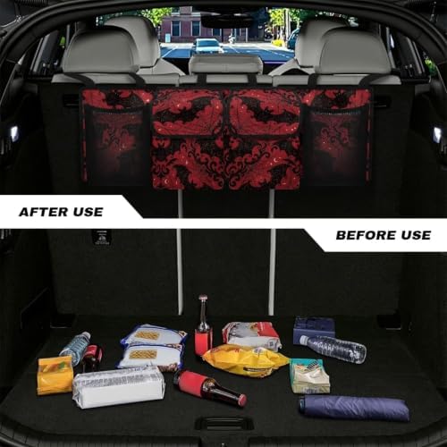 Hanging Car Trunk Organizer Halloween Bat Spider Web Print Car Back Seat Storage Bag Auto Cargo Bag Collapsible Auto Interior Accessories for Sedans SUV Jeep Trucks MPV Van