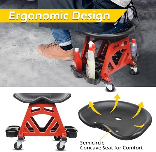 MaxWorks 50957 Ergonomic Seat Mechanic Stool Chair 22.9" L x 13.9" W x 17" H, with 4pcs 2.5" Swivel Casters, with Tool Tray for Workshop, Garage, Auto Repair - 300 Lbs Capacity - Image 4