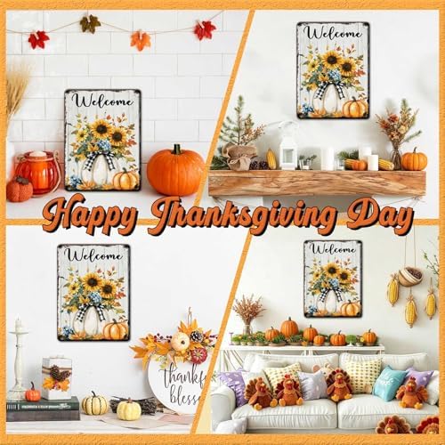 Thanksgiving Day Pumpkin Vintage Tin Sign Welcome Metal Wall Art for Bedroom Garage Kitchen Shop 12x16Inch - Image 4