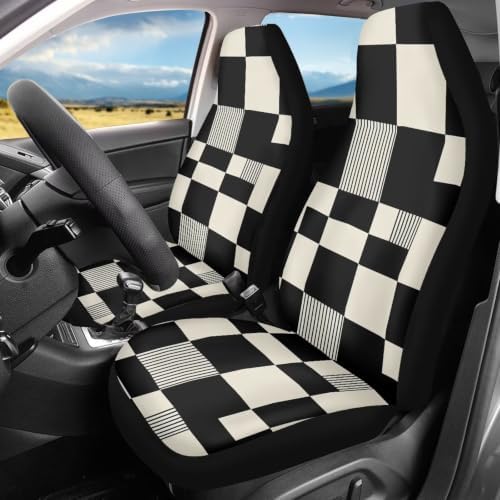 Checkered Stripe Print Car Seat Covers Set of 2 Black and White Universal Seat Protector for SUV Truck Van Cars, Breathable Auto Seat Protectors for Women Men