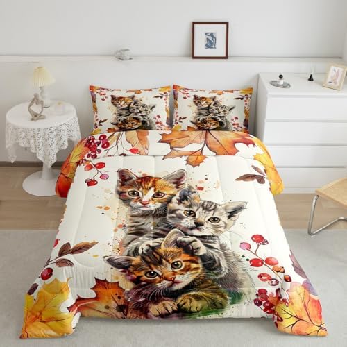 Cat Comforter Set Autum Maple Leaves Bedding Set Kids Boys Adults Full by Erosebridal