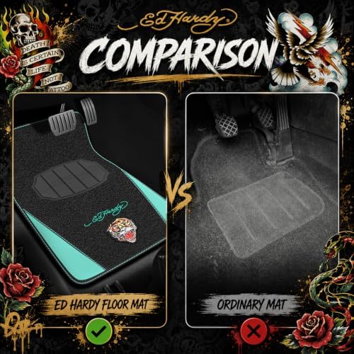 ED HARDY Tiger Print Car Floor Mats, Carpet Floor Mats with Green Leather Design, Automotive Car Mats with Built-in Heel Pad & Anti-Slip Backing, Fits Most Cars, SUVs & Trucks, Durable & Odorless