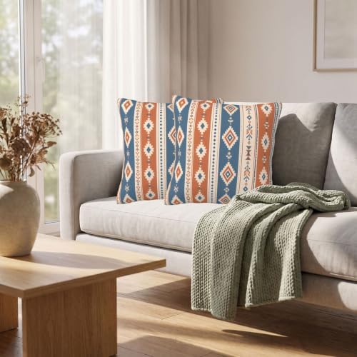 KiuLoam Dusty Blue Orange Boho Throw Pillow Covers 24x24 Set of 2, Rustic - Image 6