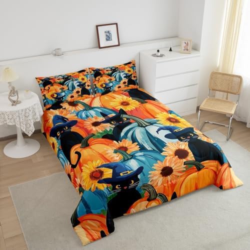Black Cat Decor Bedding Comforter Sets Halloween Pumpkin Bedding Blue Pumpkin Decor Comforter Set for Girls Boys, Sunflower Gifts for Women Duvet Insert with 2 Pillowcases for Youth Teens, Queen - Image 3
