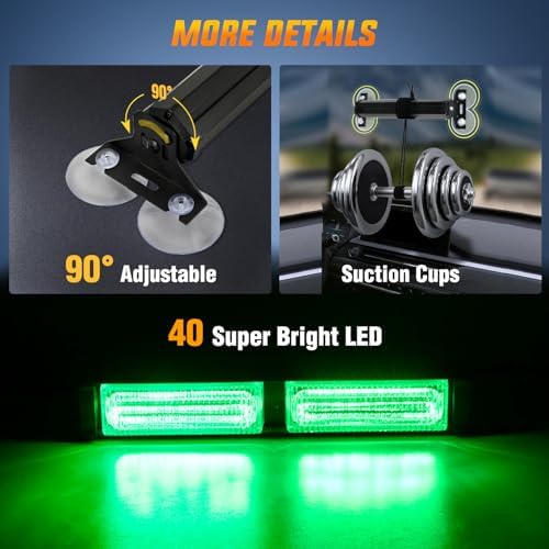 Nilight 40LED Green Emergency Strobe Traffic Advisor Light Bar with Suction Cups Dash Safety Warning Hazard Flashing Lights Interior Front/Rear Windshield for Trucks Construction Vehicles