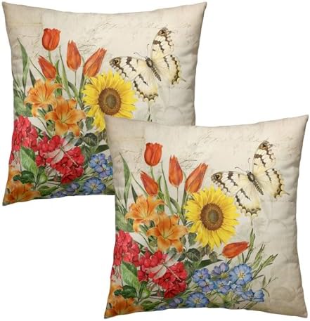 Sweetshow Spring Summer Colorful Floral Throw Pillow Covers 16X16 Inches Set of 2 Butterfly Flower Chinoiserie Pillowcase Soft Cotton Square Seasonal Cushion Covers for Living Room Sofa Bedroom Decor - Image 2