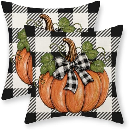 Fall Orange Pumpkin Buffalo Plaid Pillow Covers 18x18 Set of 2 by Gohdiwh