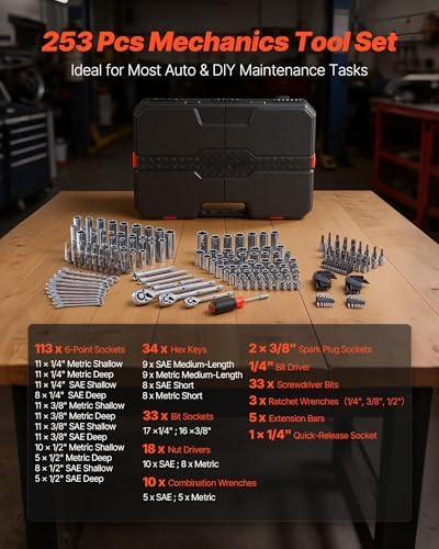 VEVOR Mechanics Tool Set, 253-Piece Mechanic Tool Kit, 1/4 in, 3/8 in, and 1/2 in Drive, SAE and Metric Socket Set, Wrenches, Screwdriver Bits, Accessories, and Storage Case, for Automotive Repair - Image 3