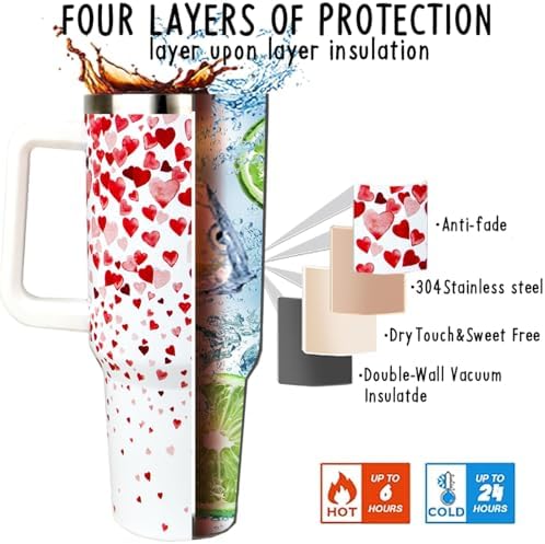 Valentines Tumbler 40oz Love Heart Tumbler Coffee Mugs Watercolor Heart Leak Proof Cups with Handle and Straw Stainless Steel Insulated Water Bottle for Valentine Decor Gifts for Women Her(1PCS) - Image 5