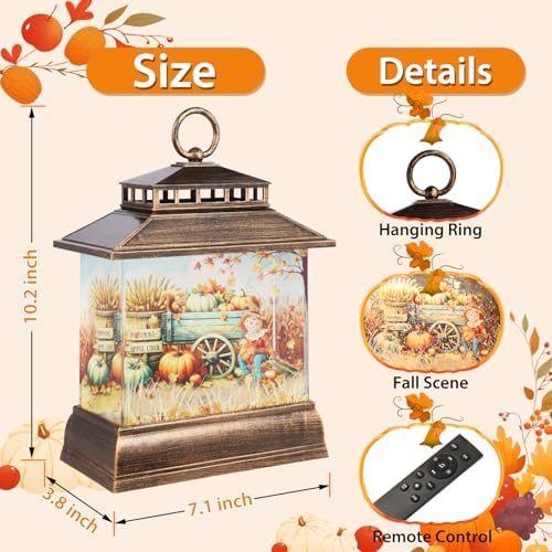 Fall Snow Globe Lantern Thanksgiving Pumpkins Spinning Water Lantern with Swirling Glitter 6H Timer Remote Control Fall Decorations for Home Thanksgiving Autumn Harvest (Pumpkin Wagon) - Image 3