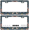 Colorful Floral Flowers License Plate Frames - 2 Pcs Set 2 Holes Stainless Steel Metal Auto Car Accessories Decoration License Plate Frame Cover Size 6.3" x 12.2" Fit US Vehicles for Women Men Gift