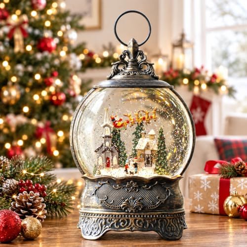 Christmas Snow Globes Lantern Snow Globe with Music Water Lantern Santa Flying Scene Elk Lighted Swirling Water Glitters Snowglobe Christmas Decoration by ZQQLITE