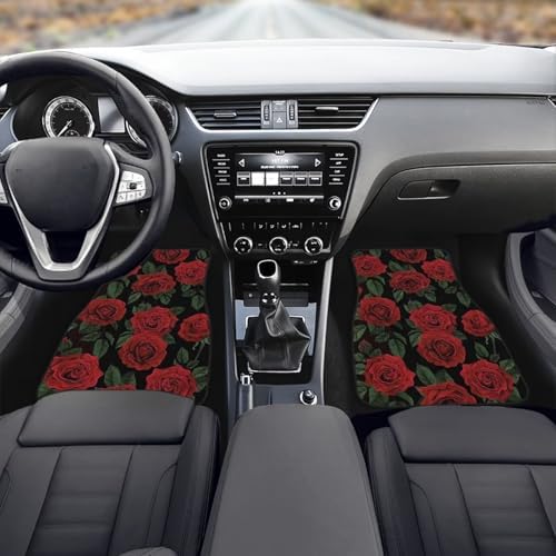 GLENLCWE Red Rose Floor Mats for Cars, Flower Print Car Floor Mats, Anti-Slip Rubber Car Mat Set Unverisal Fit Most Cars, Trucks, SUV, Van