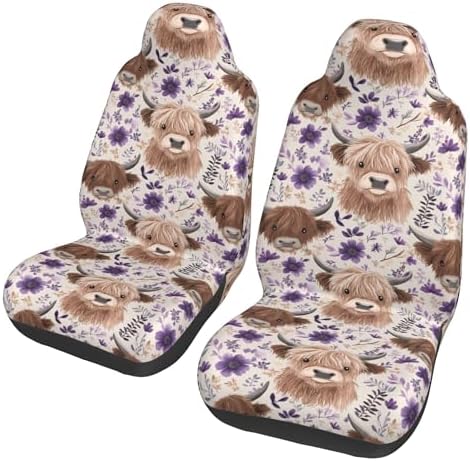 Highland Cow 2 Front Car Seat Covers for Car Truck Sedan SUV, Car Gifts, Durable Automotive Seat Covers, Breathable Bucket Seat Covers, Protective Interior Accessory