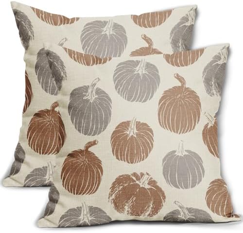 Brown Grey Gray Pumpkin Fall Pillow Covers 18x18 Set of 2 Autumn Harvest Print Thanksgiving Decorative Throw Pillows Outdoor Farmhouse Cushion Case Seasonal Decor for Couch Sofa Bed by Aytipun
