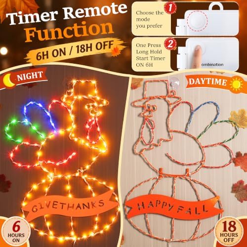 2 Pcs Large Thanksgiving Window Lights Turkey Decorations, Fall Decor Window Lights, LED Turkey Pumpkin Light 2026 Thanksgiving Decor with Timer & 8 Mode & Battery Operated(Yellow Red,23") - Image 5