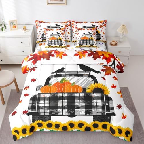 Black White Farm Car Twin Comforter Set 7 Pieces Reversible Comforters Twin Size Bed Set Bed in a Bag with Comforter,Thanksgiving Pumpkin Sunflower Sheets,Crow Maple Tree Fall Leaves Bedding Sets by Erosebridal