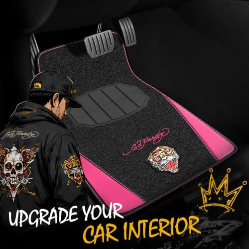 ED HARDY Tiger Print Car Floor Mats, Carpet Floor Mats with Hot Pink Leather Design, Automotive Car Mats with Built-in Heel Pad & Anti-Slip Backing, Fits Most Cars, SUVs & Trucks, Durable & Odorless