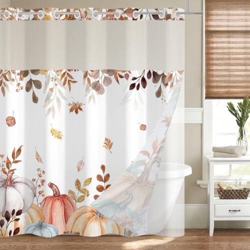 No Hook Shower Curtain with Snap in Liner, Hotel Style Watercolor Autumn Fall Pumpkin Falling Leaves Thanksgiving Shower Curtain Waterpoof Washable with See Through Top Window,71"x71" by Caheansi