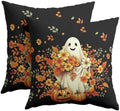 Halloween Ghost Throw Pillow Covers 16x16 Set of 2 Orange Floral Leaves Spooky Pumpkin Pillow Covers Black Autumn Flower Leaf Cute Pillowcase for Kitchen Sofa Cushion Outdoor Bedroom Decoration by Trongr