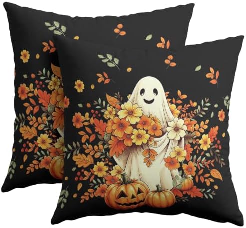 Halloween Ghost Throw Pillow Covers 16x16 Set of 2 Orange Floral Leaves Spooky Pumpkin Pillow Covers Black Autumn Flower Leaf Cute Pillowcase for Kitchen Sofa Cushion Outdoor Bedroom Decoration by Trongr