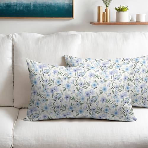 Light Blue Pillow Covers 12x20 Set of 2 Spring Floral Throw Pillow Covers Vintage Pillowcase Linen Decoration Farmhouse Soft Decorative Purple Green Cushion Case Couch for Indoor Outdoor Home Decor - Image 2