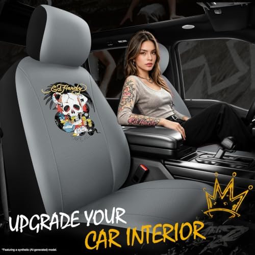 ED HARDY Casino Skull Car Seat Covers, Gray Premium Leather Seat Covers