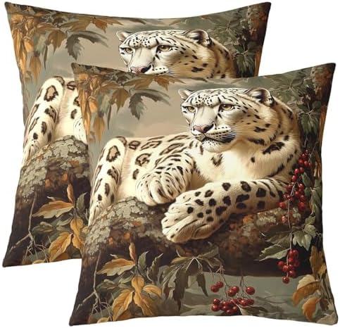 Leopard Pillow Case Covers 18"x18" Pack of 2,Jungle Wild Animal Snow Cheetah Soft Square Pillow Covers,Rustic Fall Maple Leaves Branch Red Berry Sofa Pillow Covers,Double Sides by Manfei