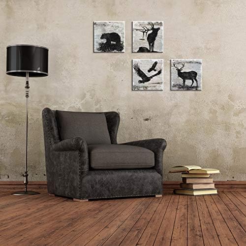 Rustic Animals Office Decor Wildlife Wall Art Canvas Print Eagle Elk Bear Black and White Silhouette Painting Picture Artwork for Living Room Bedroom Home Decoration Ready to Hang 16x16 Inch 4 Panels - Image 2