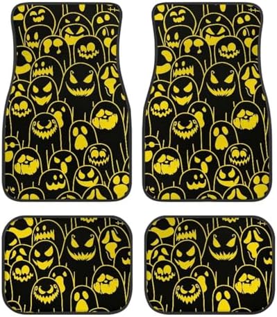 Yellow Black Ghost Print Funny Halloween Car Floor Mats 4 PCS, Cute Durable Interior Accessories for Car SUV, All Weather Floor Mats with Front Rear Trunk Liners Set for Party